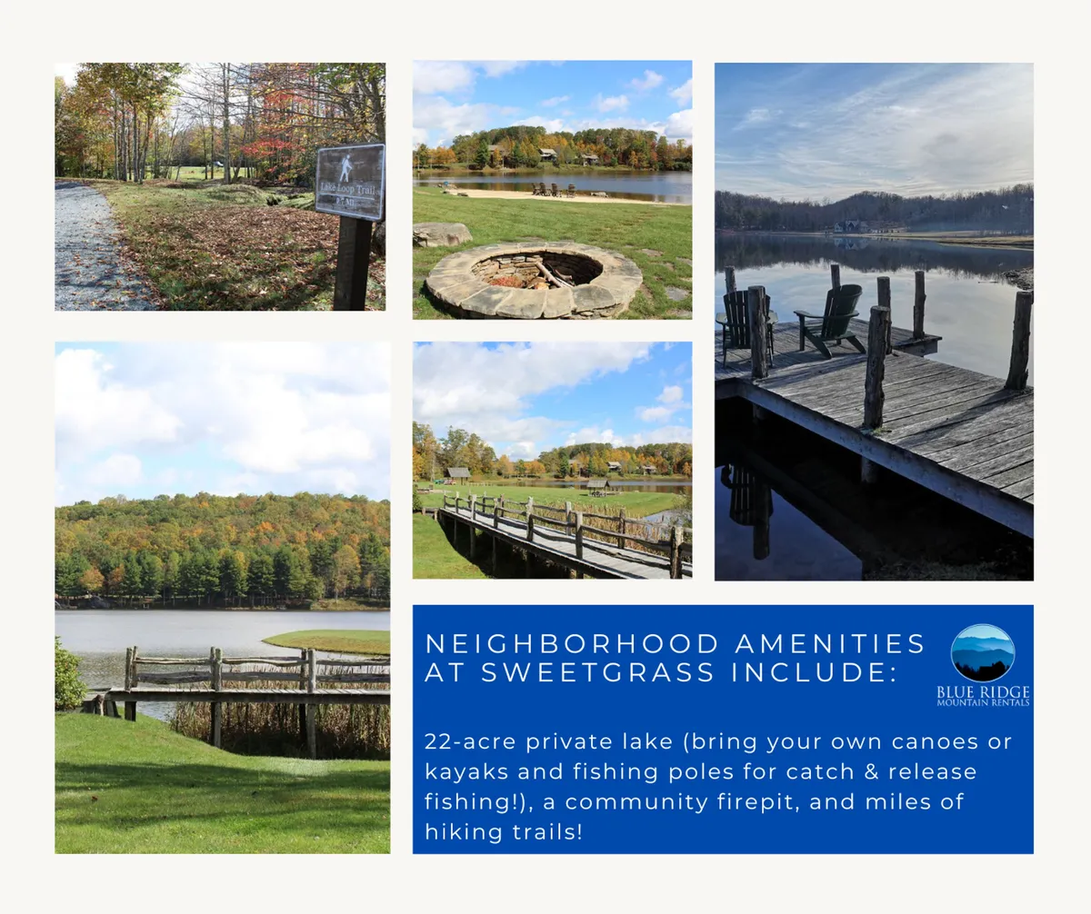 This exterior image captures the heart of Sweetgrass's outdoor offerings: a sweeping view of the 22-acre private lake, a welcoming community firepit, visible hiking trails, a wooden dock, and clear signage highlighting available amenities. The lake is calm and inviting, perfect for canoeing, kayaking, or fishing, and the scene is framed by lush greenery, suggesting activities for all seasons.